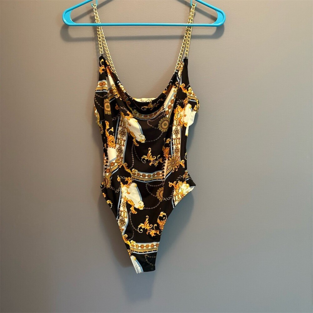 Vine & Valley Bodysuit Womens Size S Black Gold Baroque Paisley Cowl Neck